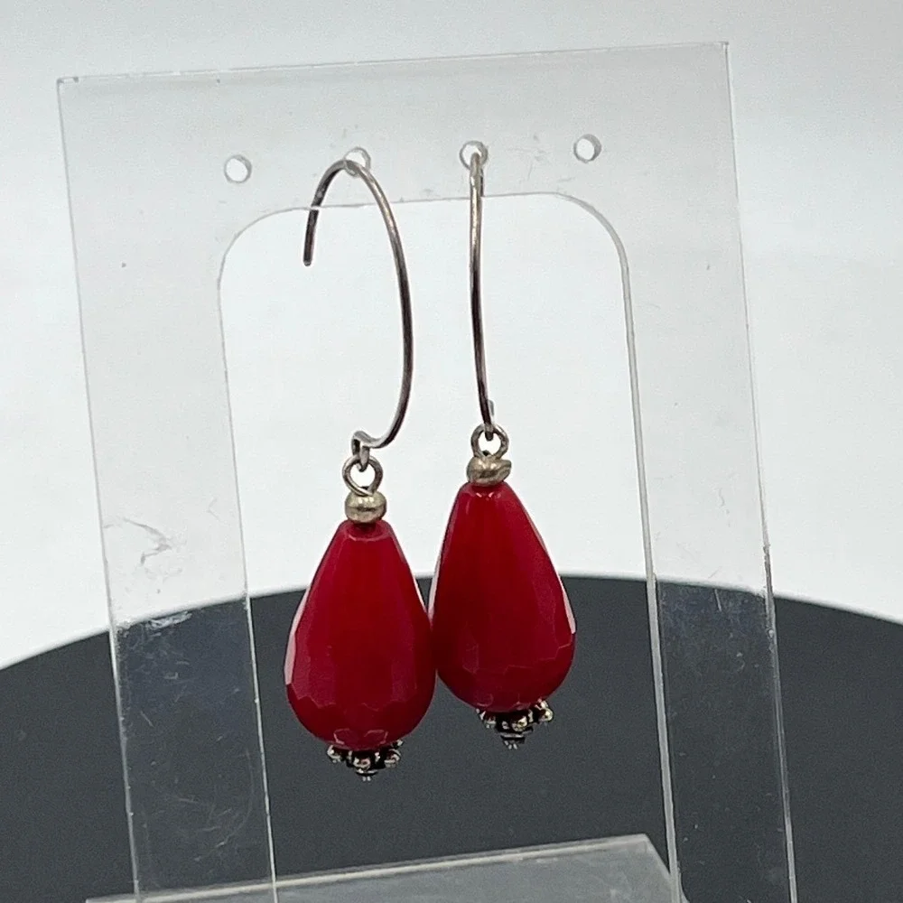 Genuine Red Jadeite‎ Sterling Silver 925 Dangle Earrings Faceted Teardrop 2